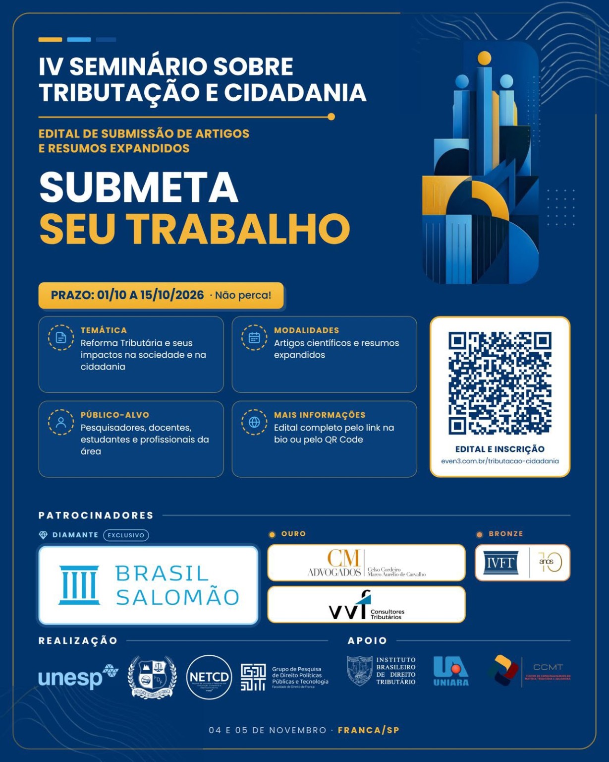 Cartaz do IV Seminário sobre Tributação e Cidadania, em Franca, nos dias 4 e 5 de novembro, com submissões até 15 de outubro de 2026