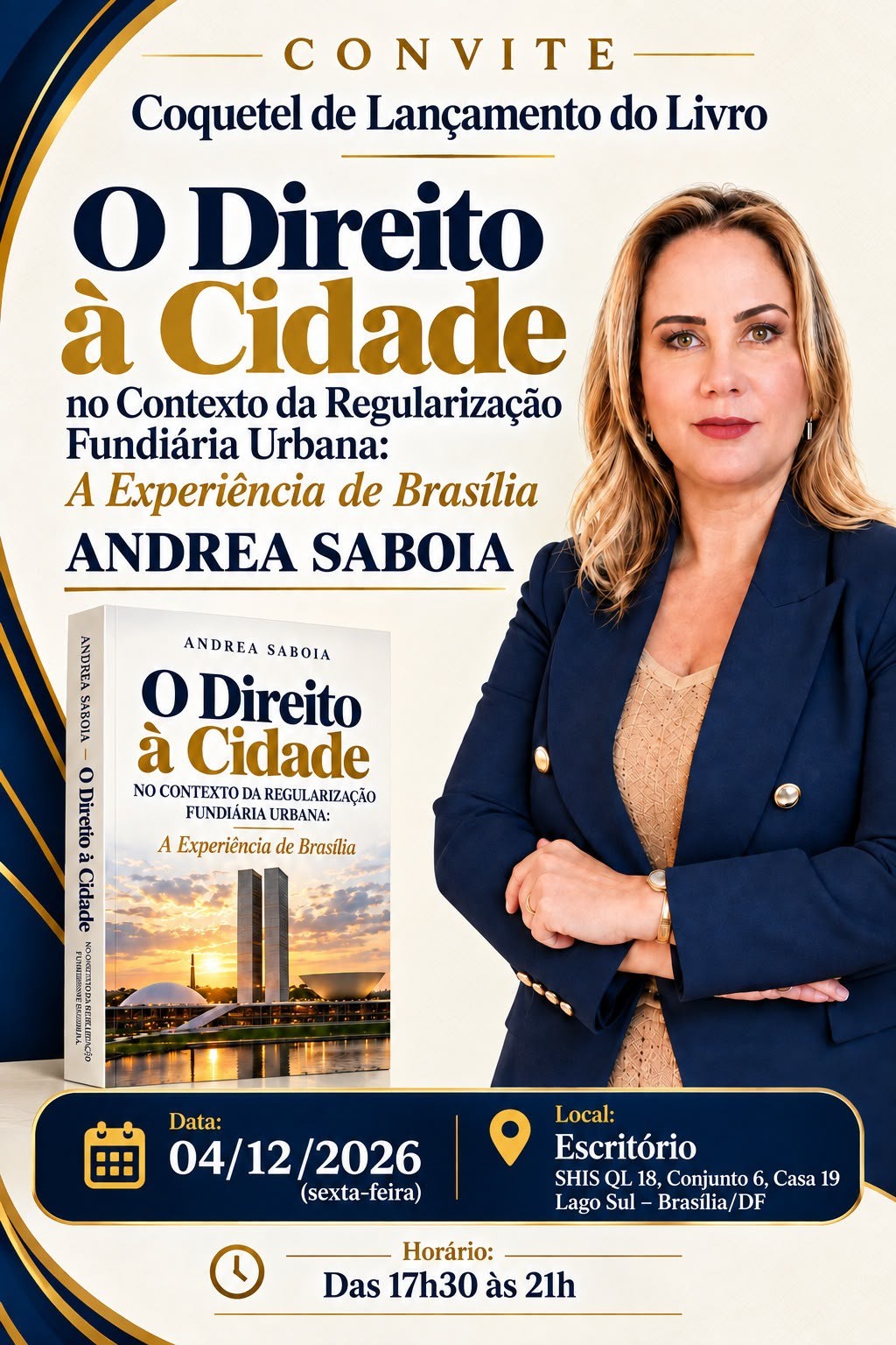 Convite de lançamento do livro de Andrea Saboia, com a autora e a reprodução da capa da obra