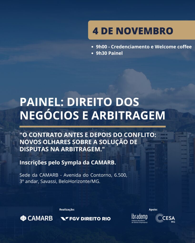 Arte oficial do encontro Direito dos Negócios e Arbitragem, em 4 de novembro de 2026, em Belo Horizonte.