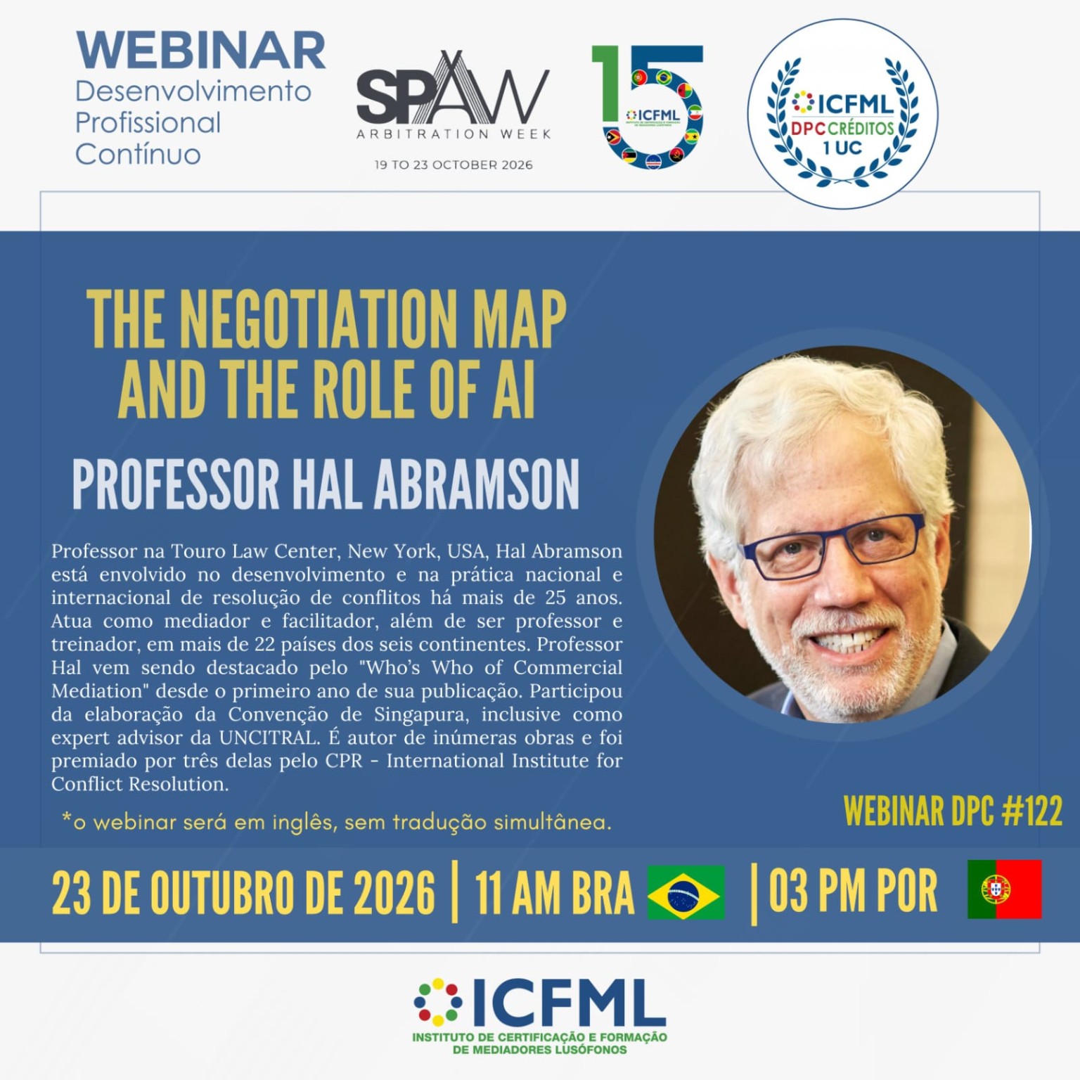Cartaz oficial do webinar do ICFML com Hal Abramson sobre negociação e inteligência artificial, em 23 de outubro de 2026, às 11h de Brasília.