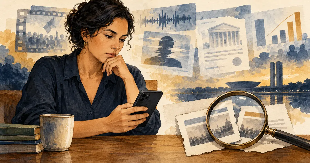 Ilustração em aquarela de uma leitora fictícia que pausa diante de um celular e examina conteúdos com uma lupa.