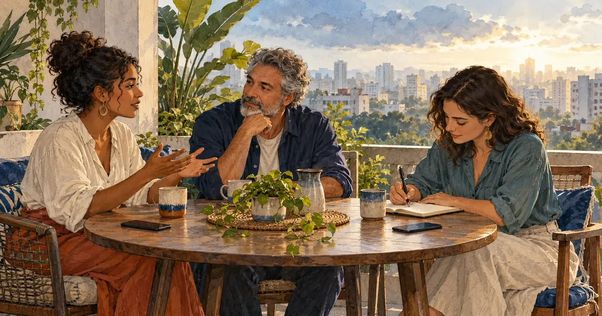 Ilustração em aquarela de três pessoas fictícias retomando uma conversa calma ao redor de uma mesa, com os celulares virados para baixo.