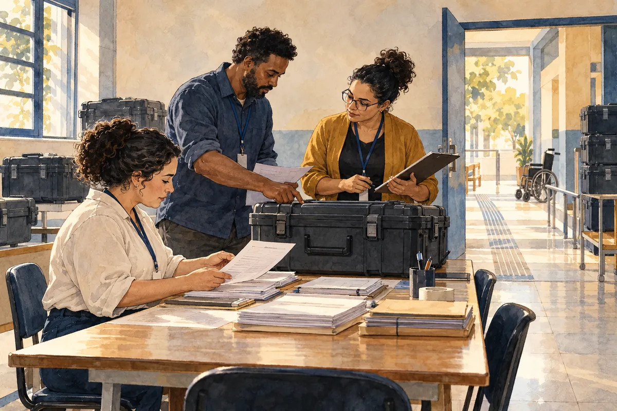 Ilustração em aquarela de três trabalhadores fictícios preparando documentos e caixas de equipamentos eleitorais, em sala com passagem acessível.