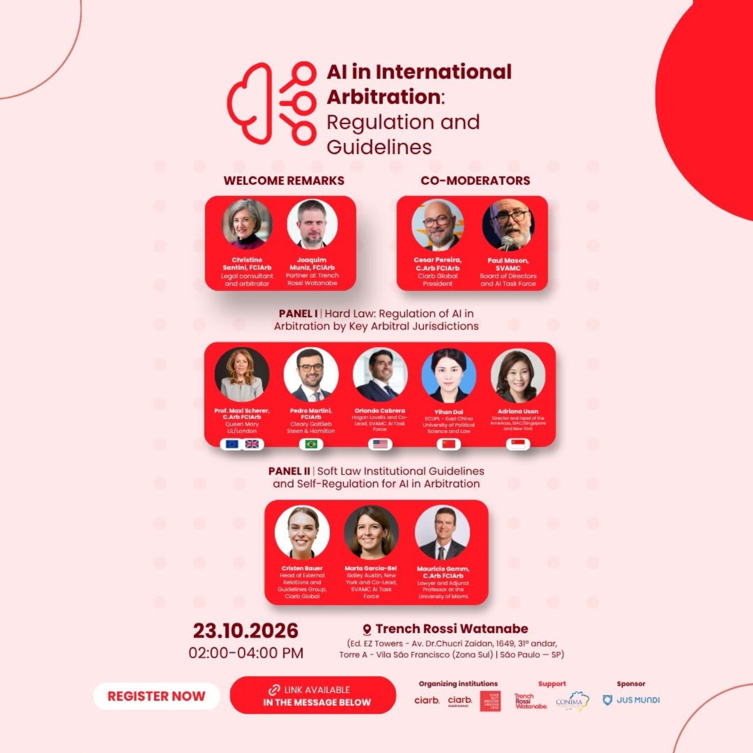 Cartaz oficial com a programação e os participantes de AI in International Arbitration: Regulation and Guidelines