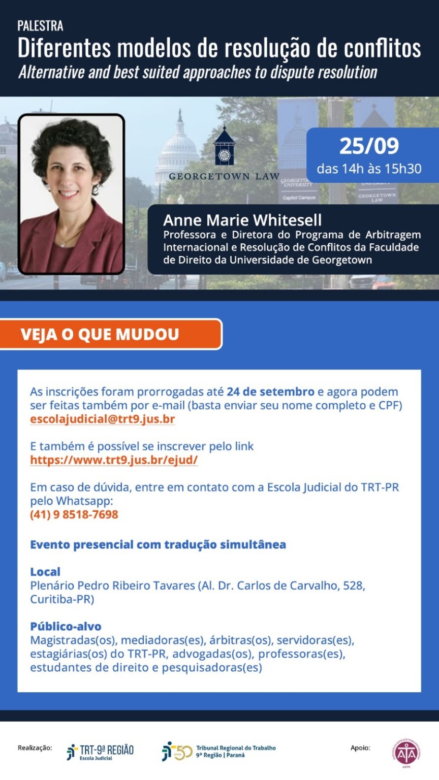 Cartaz da palestra Diferentes modelos de resolução de conflitos, com Anne Marie Whitesell, no TRT da 9ª Região