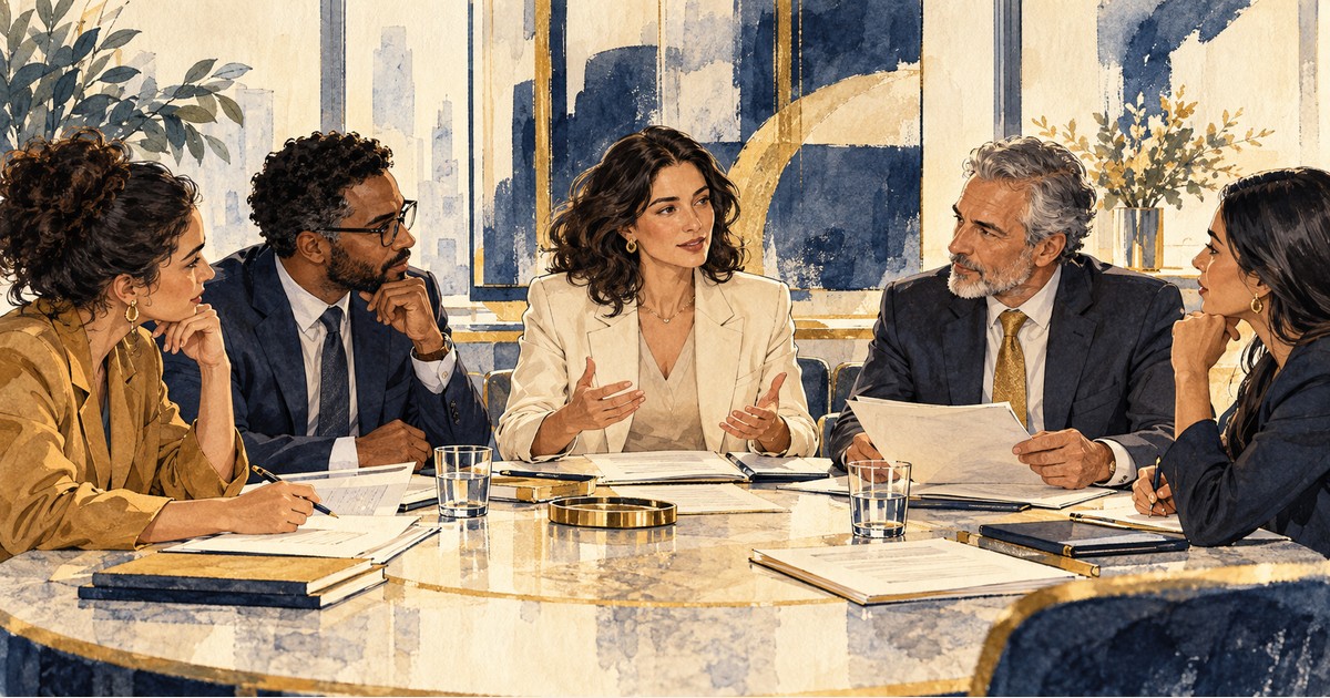 Ilustração editorial de usuários e mediador examinando um procedimento arbitral