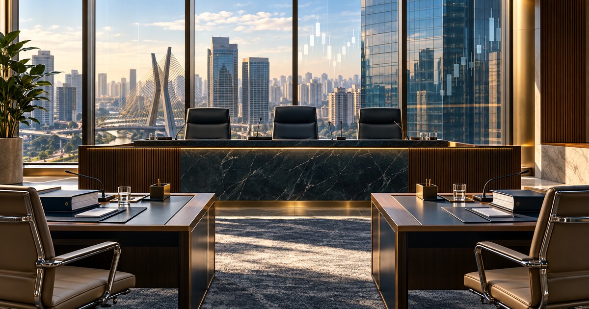 Ilustração de uma sala de audiências arbitrais com três lugares para o tribunal e mesas separadas para as partes, diante da paisagem financeira de São Paulo.