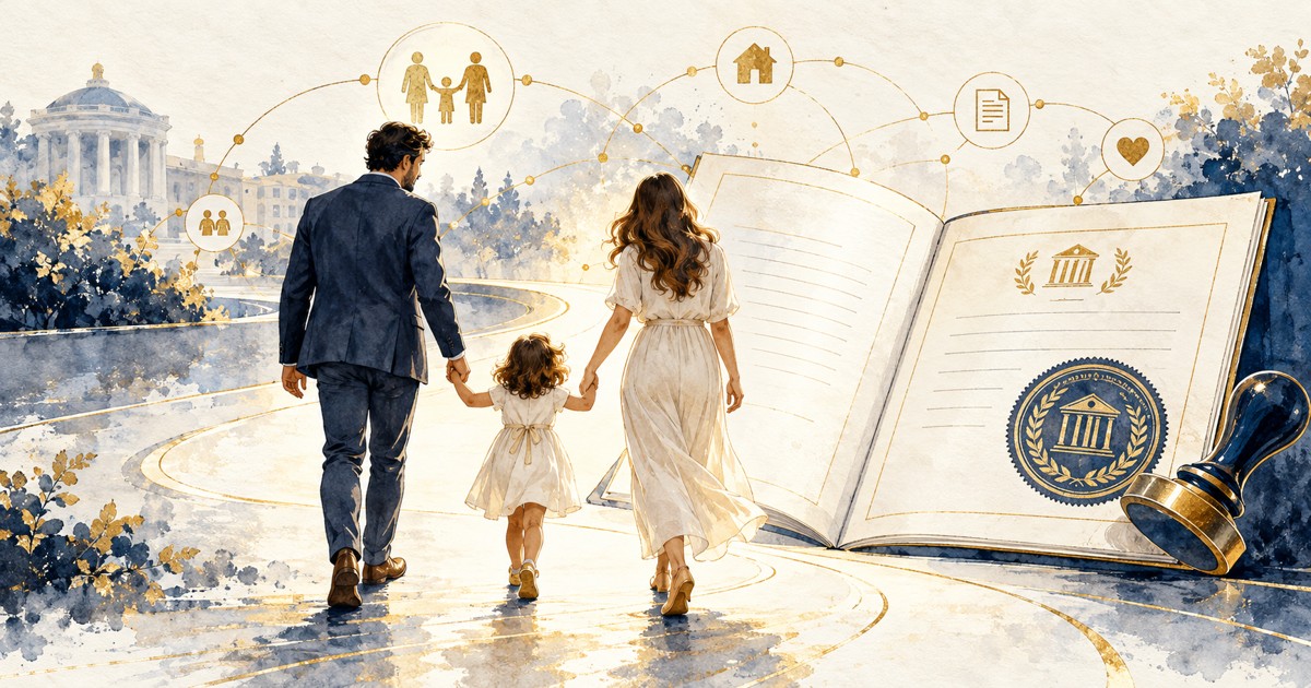 Ilustração de uma família e um documento de registro civil conectado a uma rede digital, representando integração após a adoção.