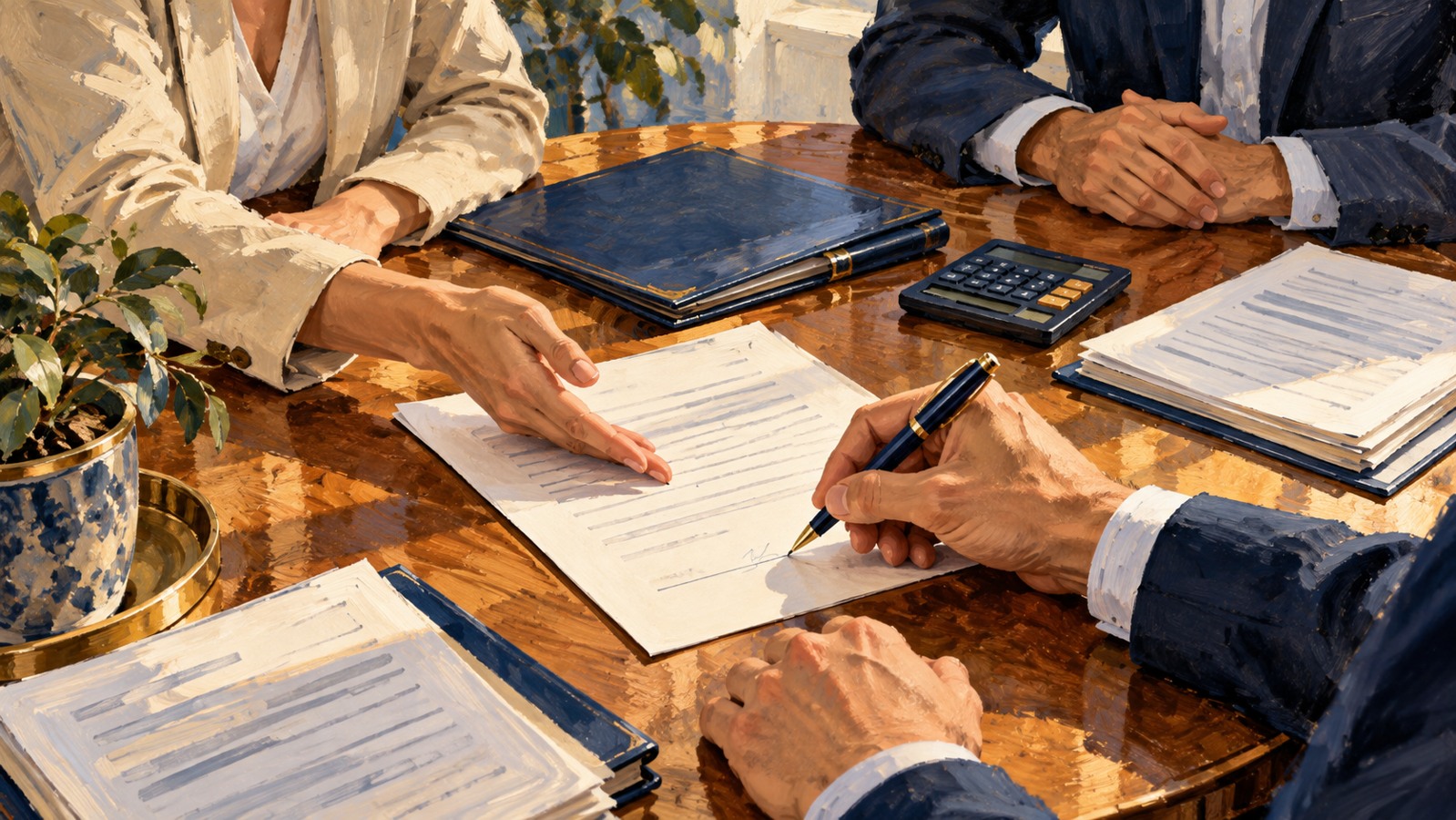 Ilustração de assinatura de acordo de conciliação tributária, com orientação do conciliador, documentos e calculadora sobre a mesa.