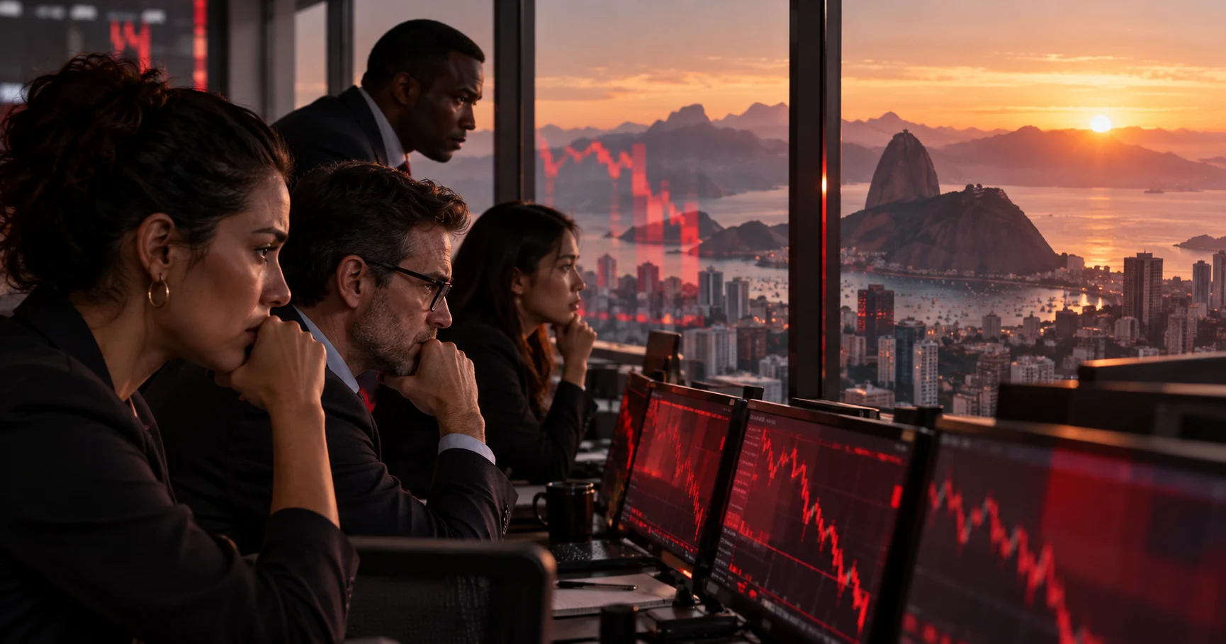 Profissionais fictícios observam telas com gráficos vermelhos em uma sala financeira diante da paisagem do Rio de Janeiro ao amanhecer; ilustração conceitual, sem cotações reais.