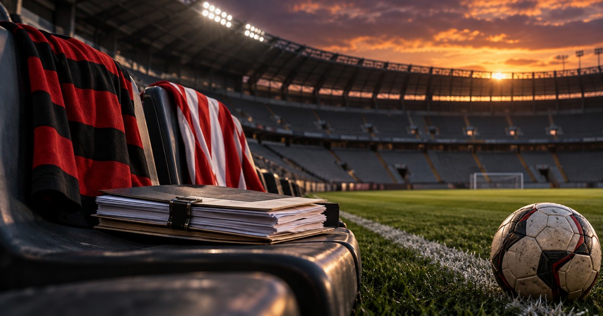 Composição ilustrativa de bola de futebol e pasta de inscrição em estádio, com tecidos rubro-negro e alvirrubro.