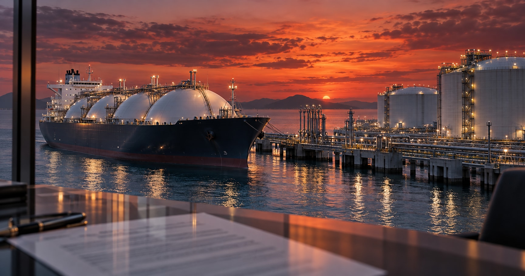 Ilustração de navio de gás e terminal industrial ao anoitecer, com reflexo de documento contratual.