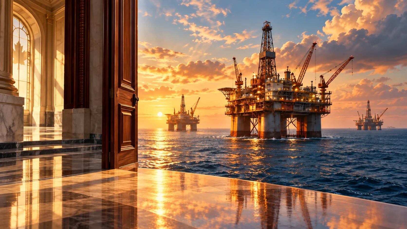 Composição artística de plataformas de petróleo mexicanas e uma entrada de tribunal canadense.