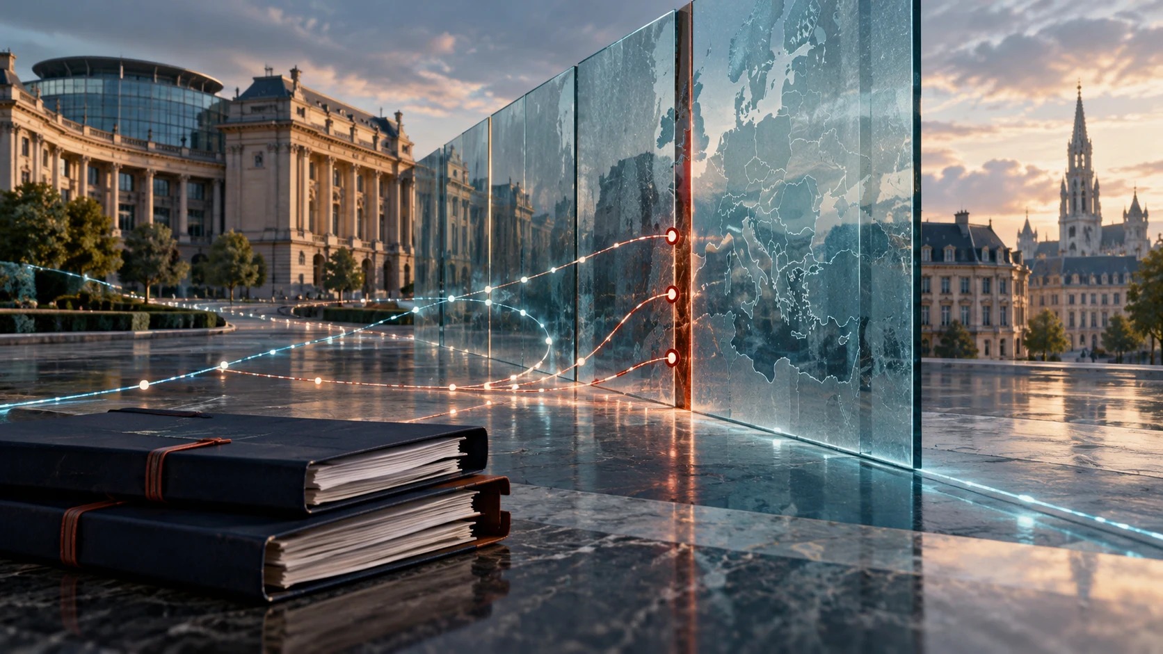 Composição artística de arquitetura europeia, arquivos jurídicos e uma barreira transparente em rotas internacionais.