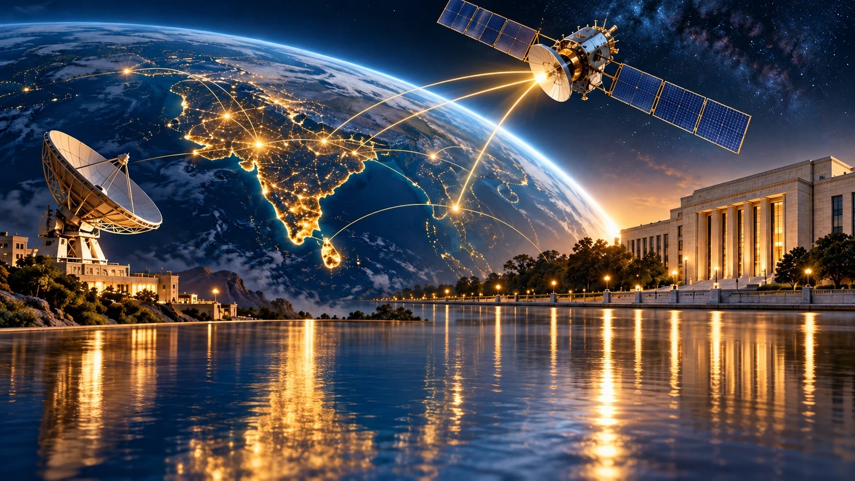 Composição artística de satélite, infraestrutura de telecomunicações e arquitetura judicial americana.