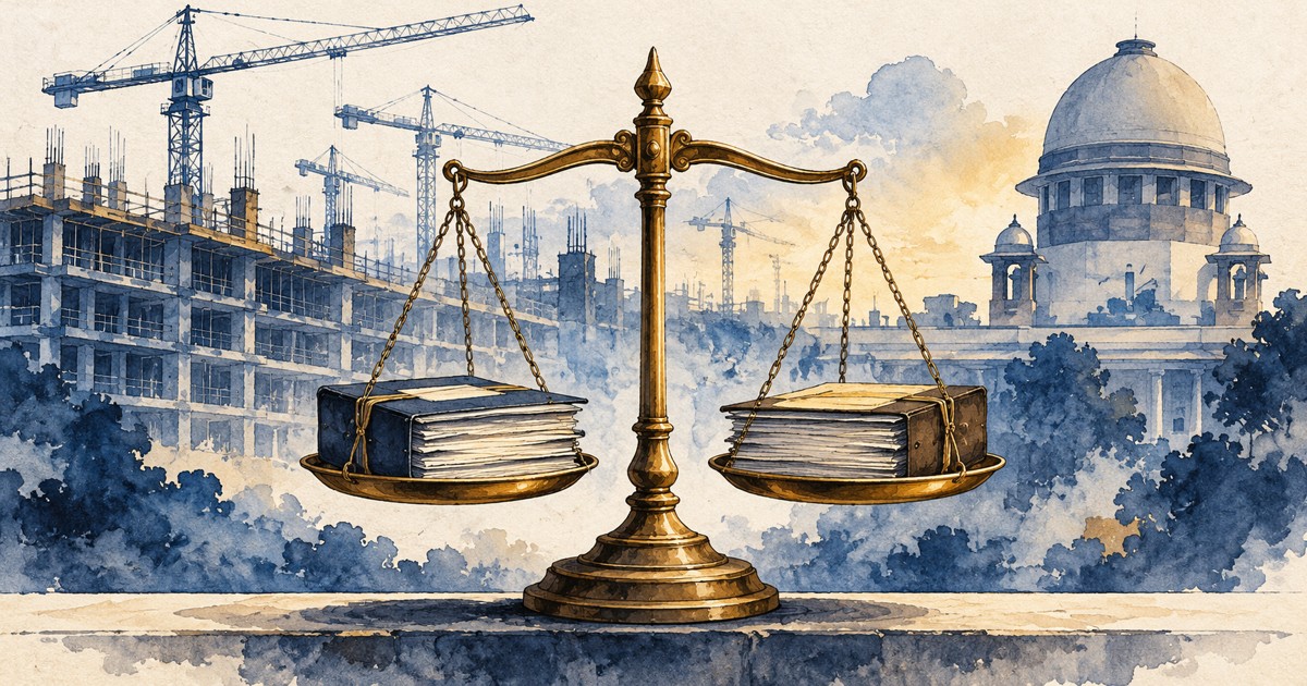 Ilustração de contratos em uma balança diante de uma obra e de uma silhueta de tribunal, representando arbitragem e insolvência na Índia.