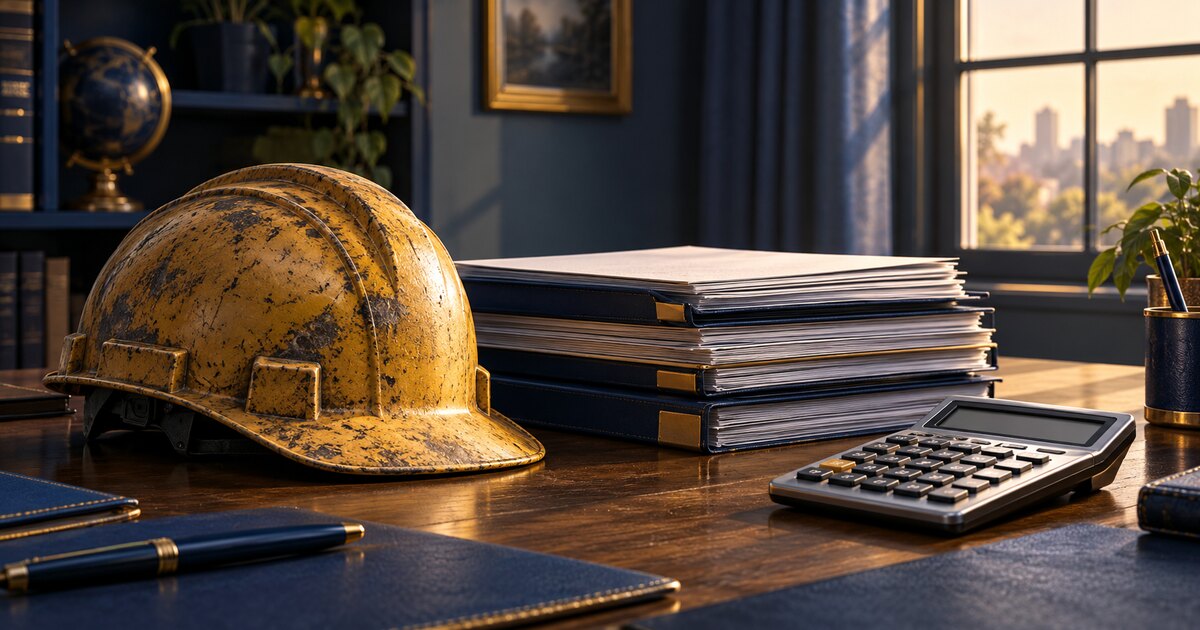 Capacete de trabalho e documentos de histórico profissional sobre uma mesa, em ilustração editorial.