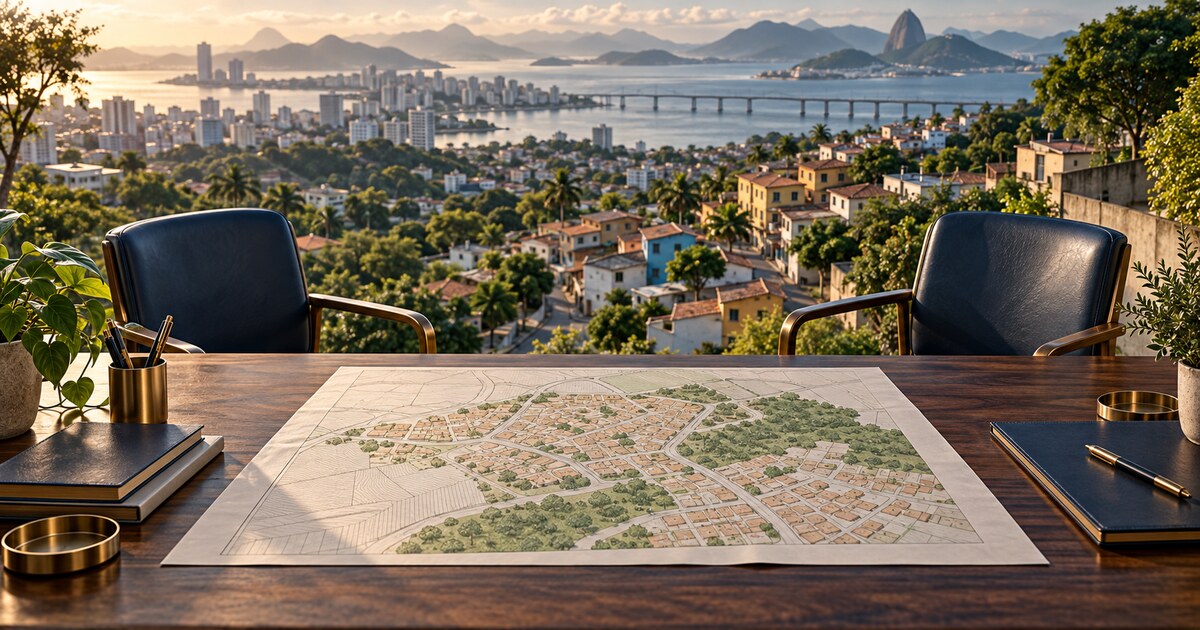 Ilustração de bairro urbano e planta de imóveis sobre uma mesa de negociação.