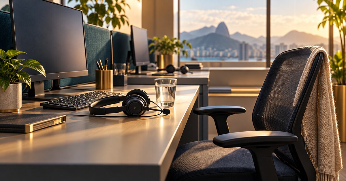 Ilustração de um posto de teleatendimento vazio, com headset e copo de água.
