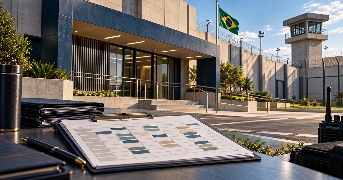 Ilustração de um edifício administrativo penitenciário genérico, sem pessoas identificáveis.
