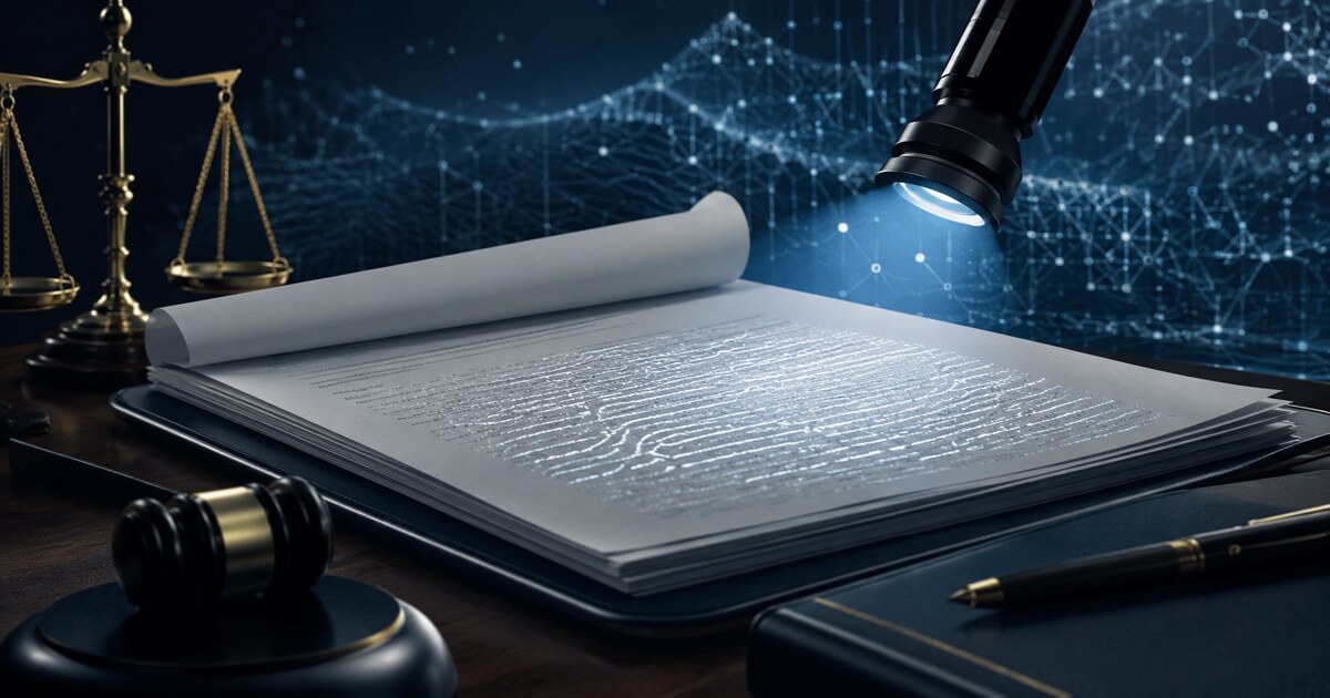 Ilustração conceitual de um documento digital com camadas de texto e verificação de integridade.