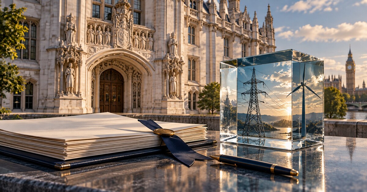 Ilustração da arquitetura judicial de Londres com documentos de acordo e infraestrutura de energia em um cubo de vidro.