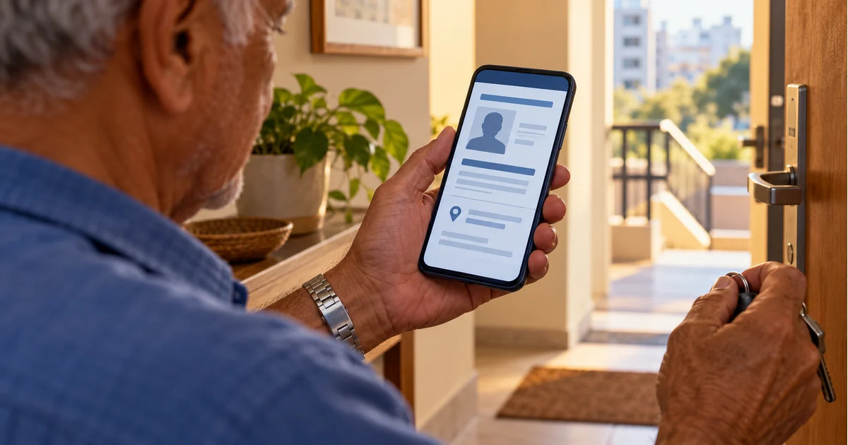 Pessoa fictícia confere um aplicativo de identificação no celular antes de sair de casa, sem dados pessoais visíveis.