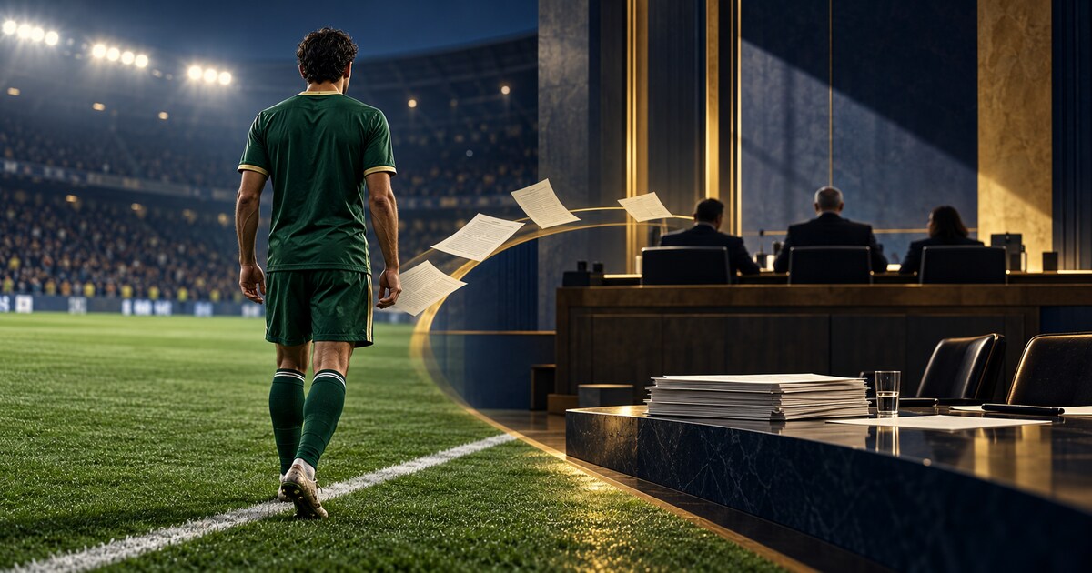 Jogador fictício de uniforme verde junto ao campo e documentos de julgamento desportivo em composição editorial.