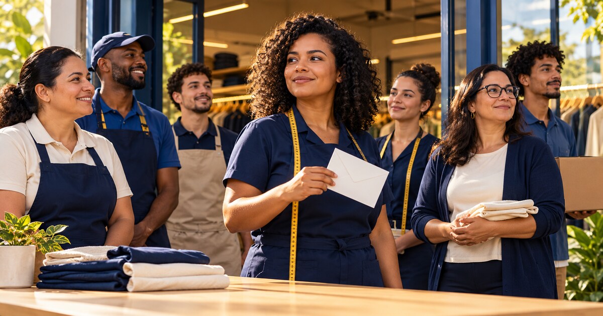 Trabalhadores em um estabelecimento comercial e mulher segurando envelope fechado, em cena ilustrativa sobre liberdade eleitoral.