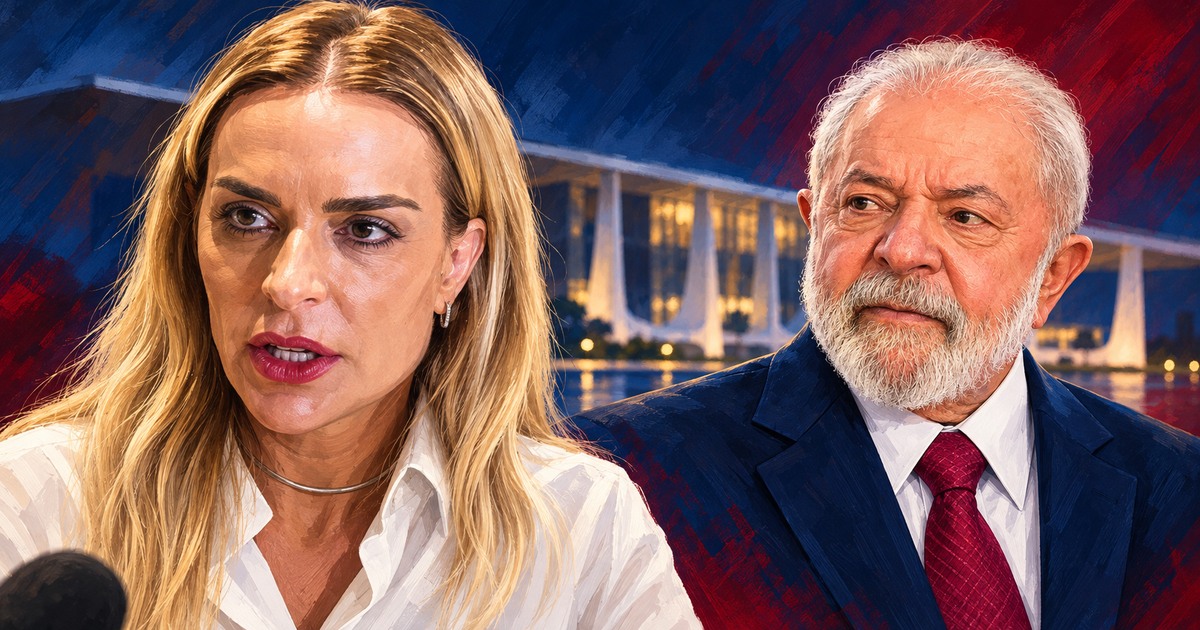 Retratos ilustrados de Roberta Luchsinger e Luiz Inácio Lula da Silva, com a arquitetura de Brasília ao fundo.