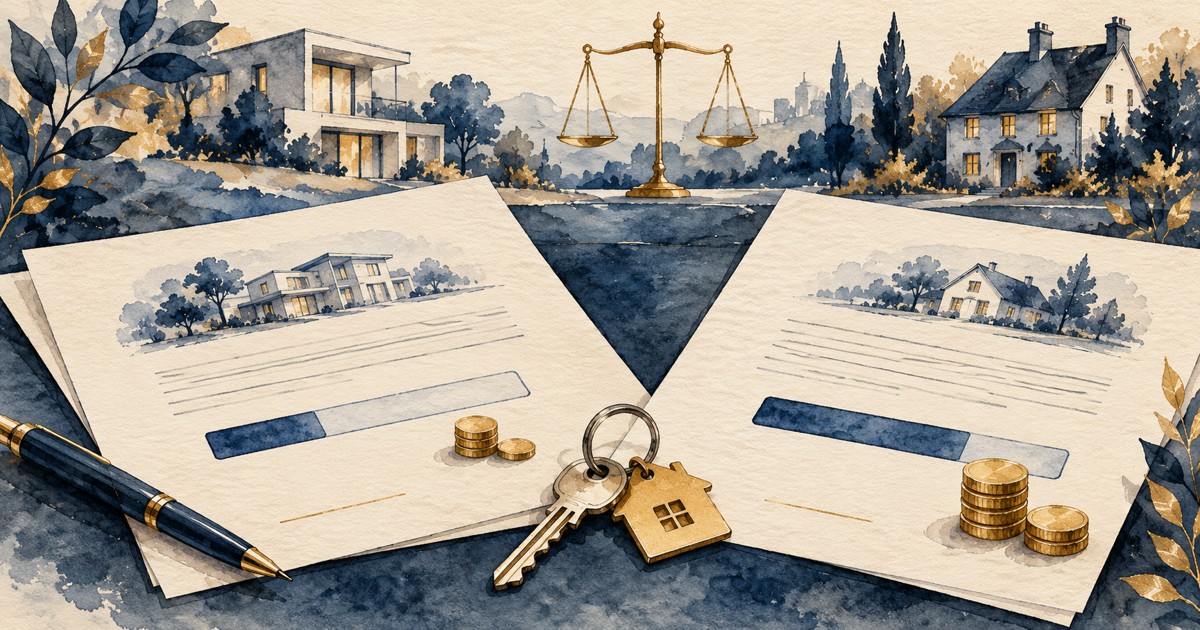 Ilustração de contratos imobiliários e chaves, representando a disputa sobre valores devolvidos e retidos no desfazimento da compra.