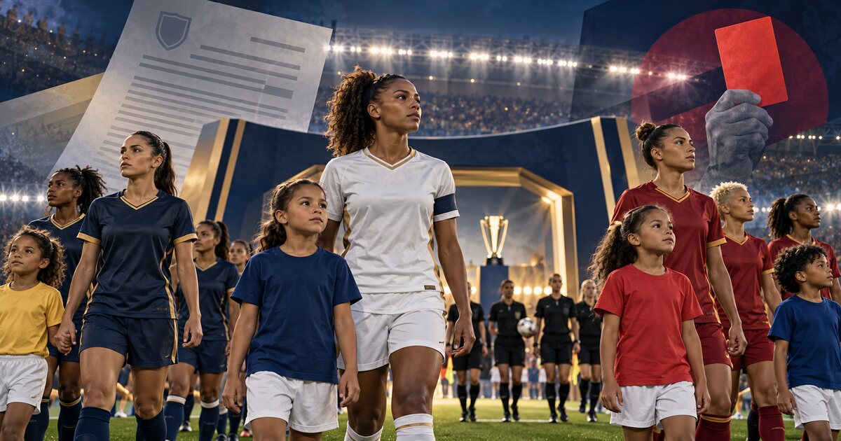 Jogadoras e crianças entram em campo durante protocolo esportivo, com documento disciplinar e cartão vermelho em composição editorial.