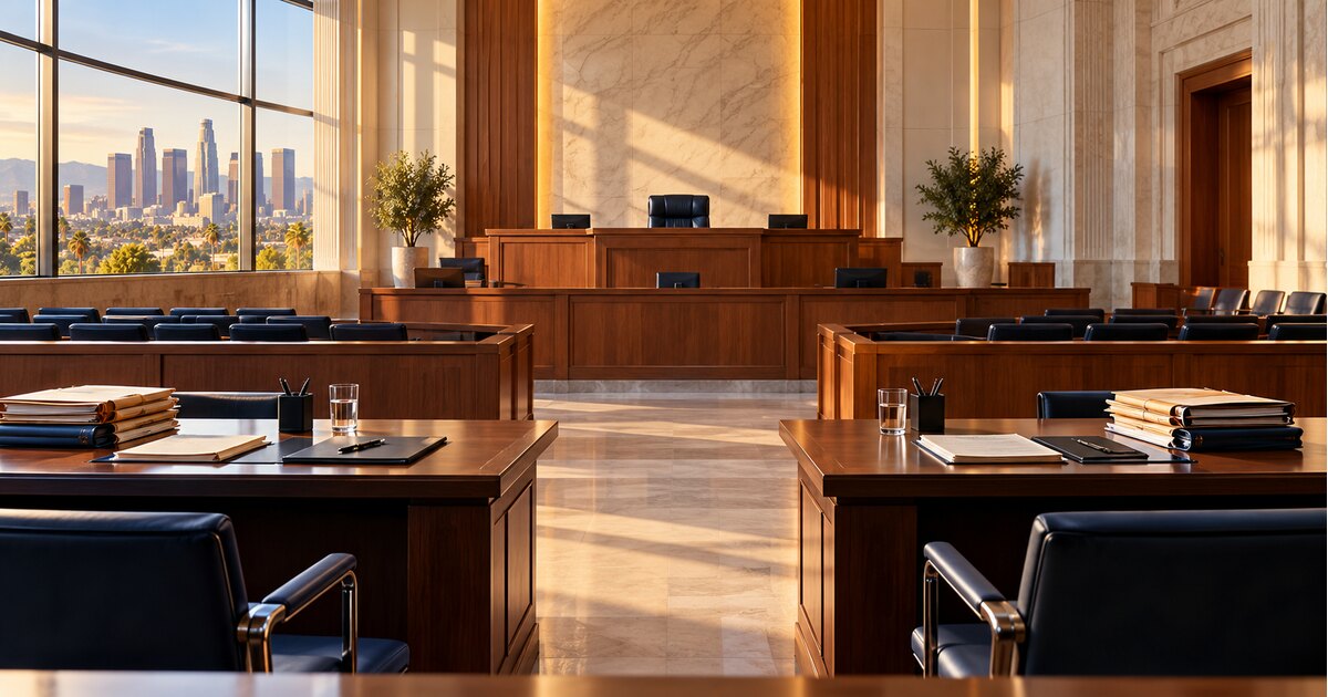 Edifício de tribunal californiano e documentos de uma disputa trabalhista em ilustração editorial.