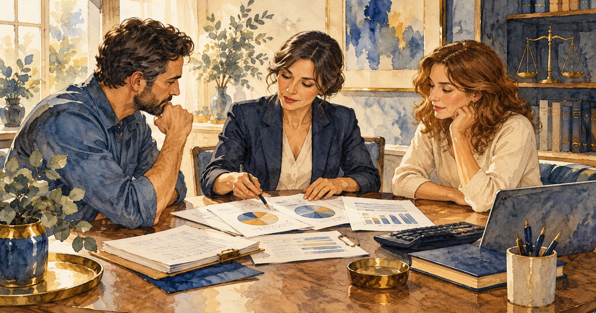Ilustração de uma reunião de conciliação sobre orçamento familiar, com documentos e calculadora.