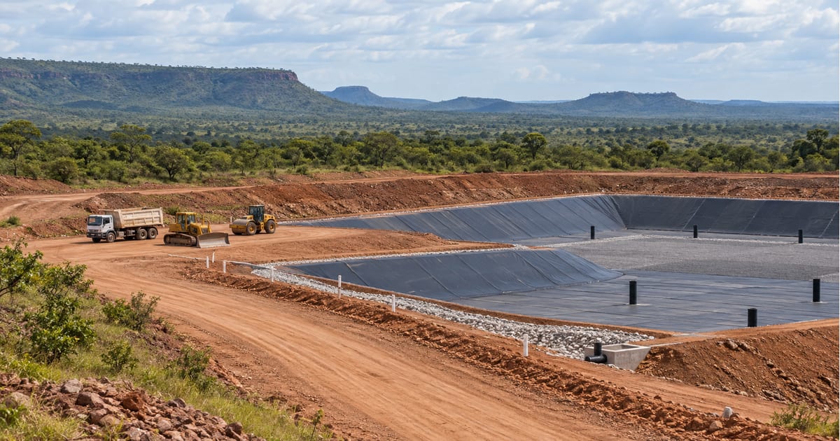 Representação ilustrativa de estrutura de aterro sanitário em paisagem de cerrado.