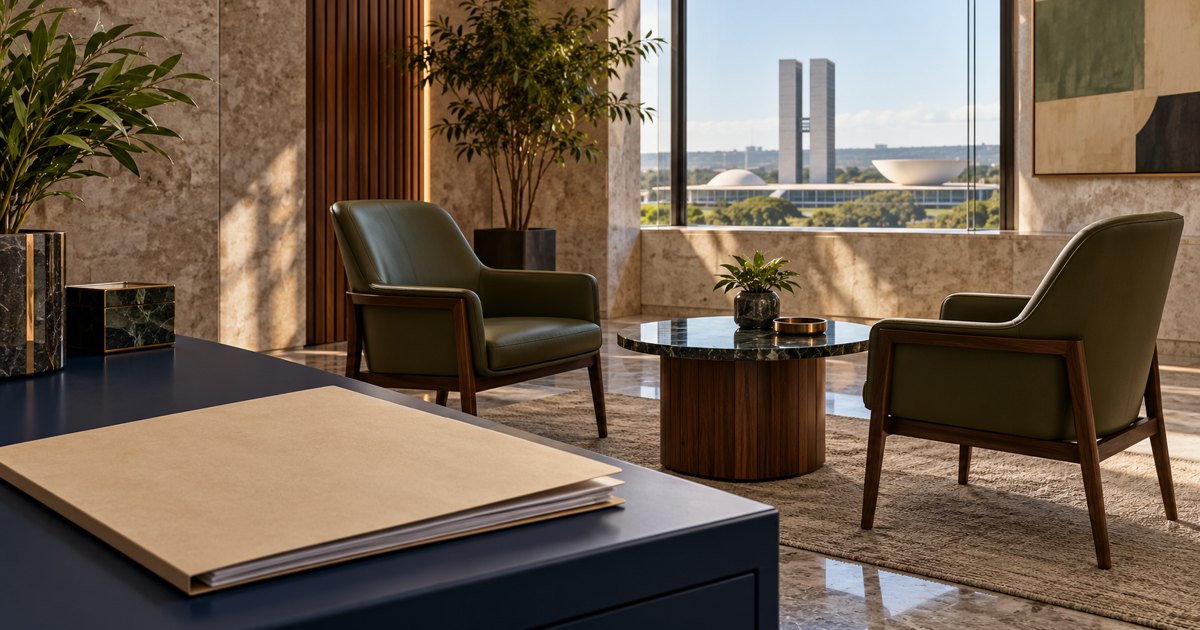 Sala institucional vazia, com mesa de documentos e cadeiras, em ilustração editorial.