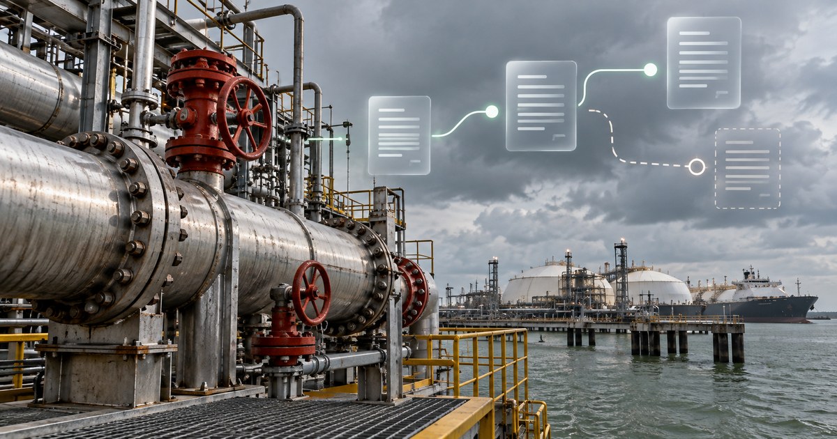 Módulos industriais de tratamento de gás, com tubulações e um fluxo digital que representa uma obrigação condicionada.