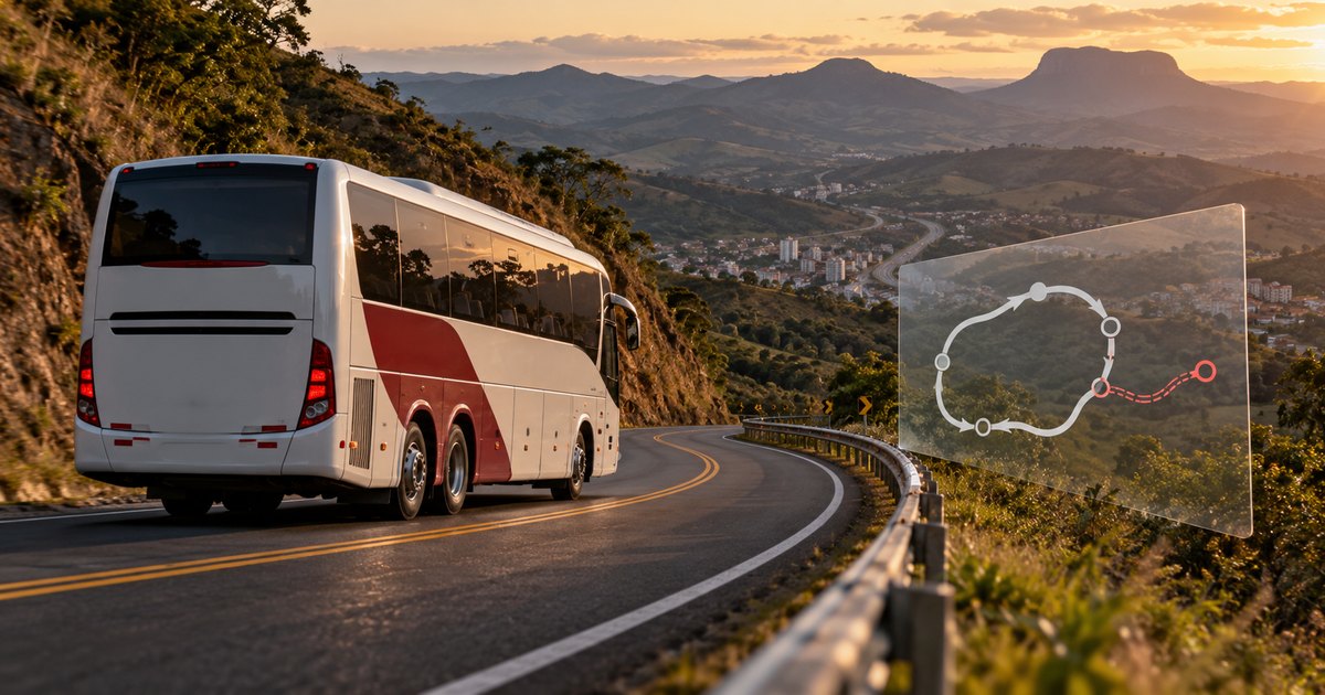Ônibus em estrada de Minas Gerais, com diagrama conceitual de circuito fechado e alternativa de percurso.