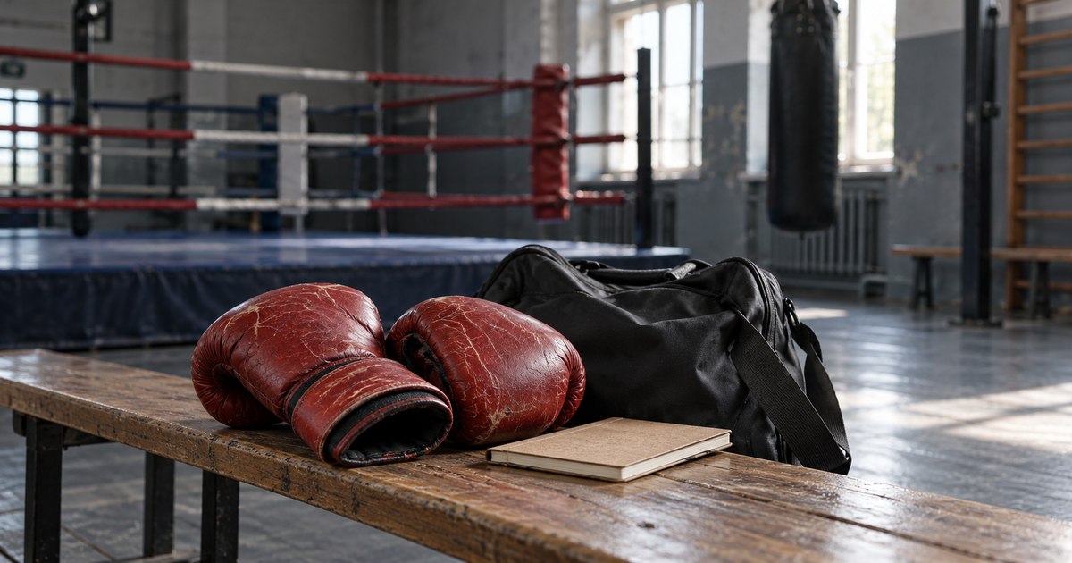 Luvas de boxe vermelhas, bolsa esportiva e caderno fechado sobre banco de academia vazia, sem identificação de atleta.