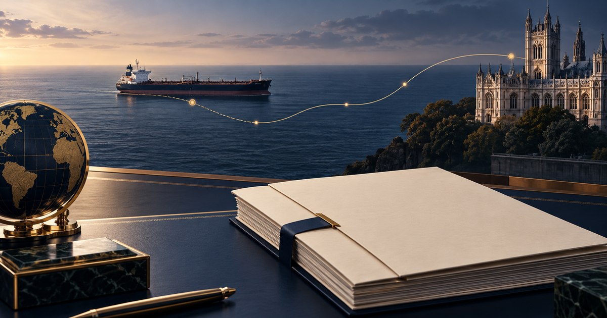 Petroleiro no mar e dossiê de seguro em primeiro plano, ligados a uma arquitetura institucional britânica por trajetos dourados.