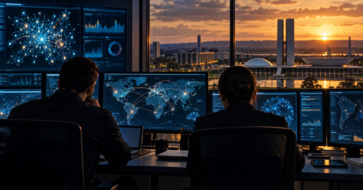 Analistas vistos de costas observam redes digitais e gráficos em monitores diante da paisagem de Brasília.