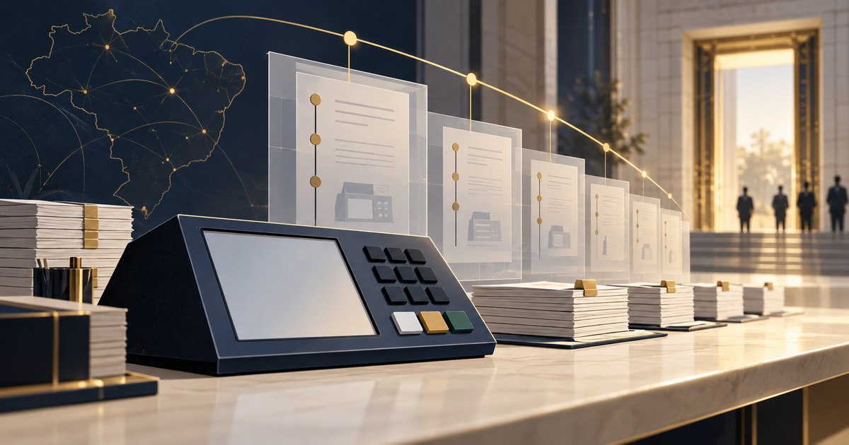 Terminal de votação abstrato com camadas de documentos e uma sequência temporal dourada, sem resultados eleitorais.