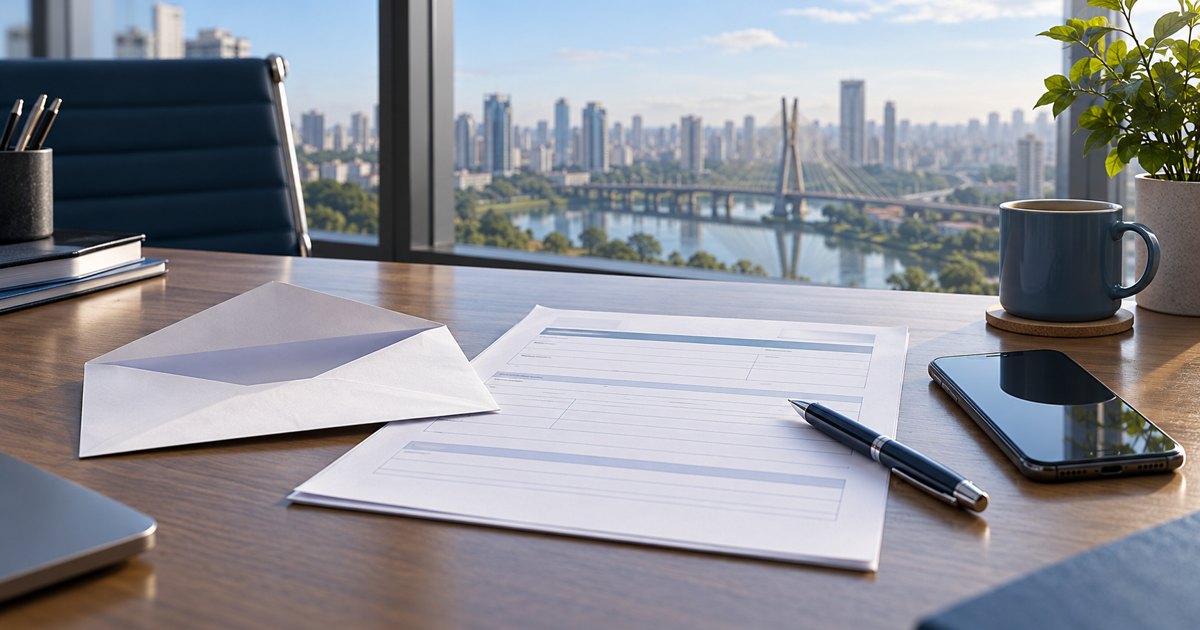 Proposta de seguro e correspondência sem inscrições sobre uma mesa, em ilustração editorial.