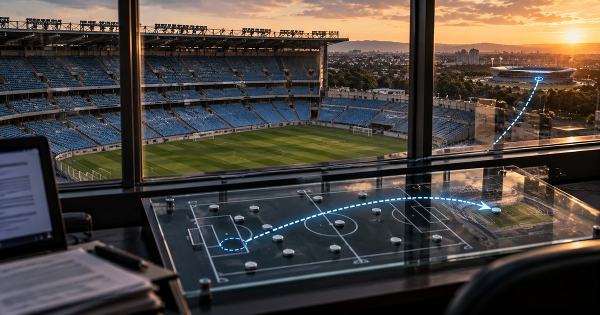 Estádio vazio e rota digital sobre quadro tático, em metáfora da perda de um mando de campo.