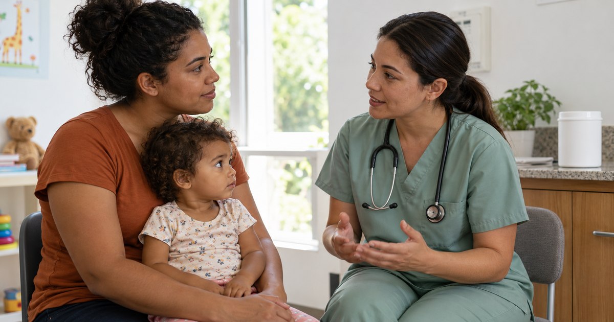 Mãe com criança conversa com profissional de saúde em consultório pediátrico; recipiente sem marca ao fundo representa fórmulas nutricionais.