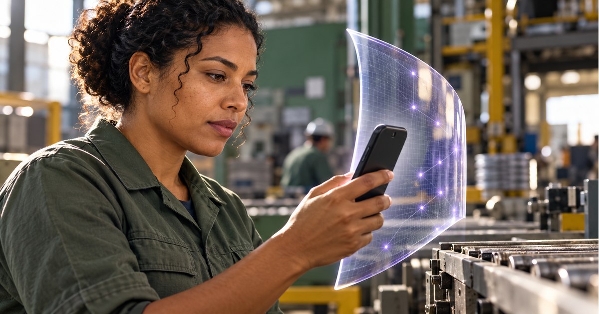 Trabalhadora fictícia consulta celular em ambiente industrial; uma superfície digital translúcida simboliza proteção no encaminhamento de denúncia.