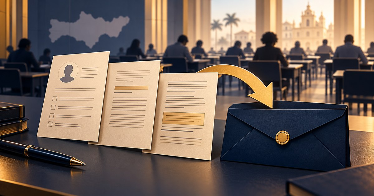 Documentos e envelope representam a apresentação de recurso na heteroidentificação, diante de uma sala de avaliação.