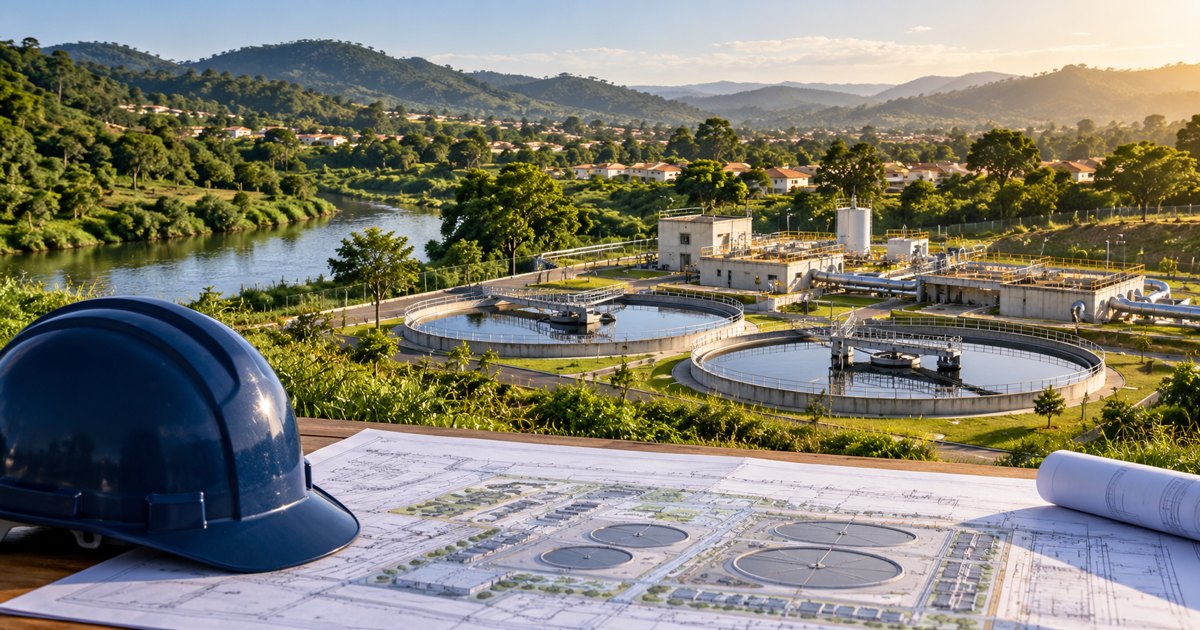 Projeto de engenharia e capacete diante de uma estação de tratamento de esgoto em paisagem verde ilustrativa.