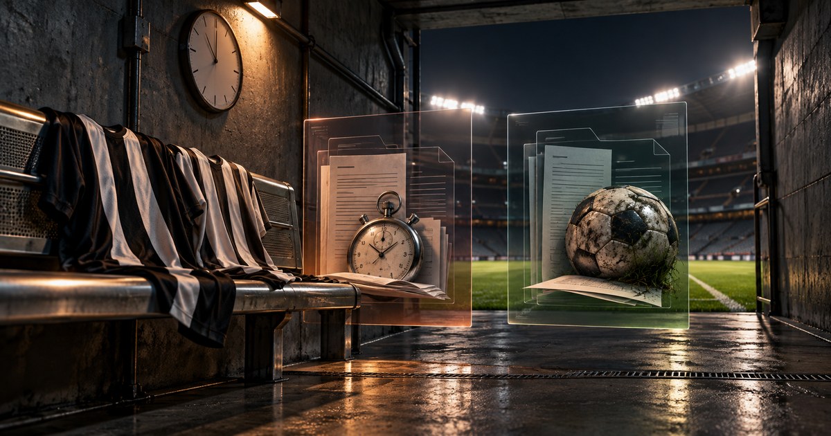 Camisas de futebol sobre banco de estádio, com documentos digitais que representam dois processos disciplinares distintos.