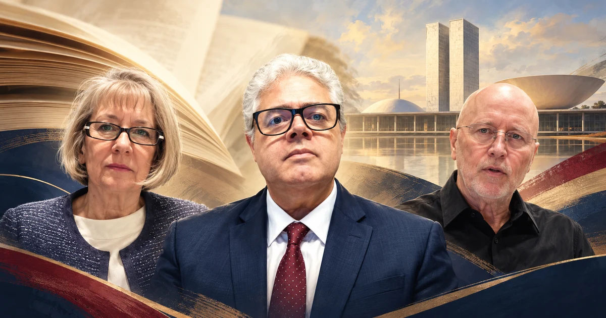 Ilustração autoral de Selma Lemes, Asdrubal Júnior e Pedro Batista Martins, com páginas de um livro e o Congresso ao fundo.